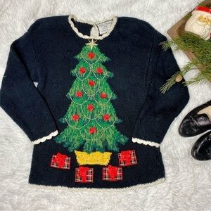 Vintage Marisa Christina black ugly Christmas sweater knit Christmas tree